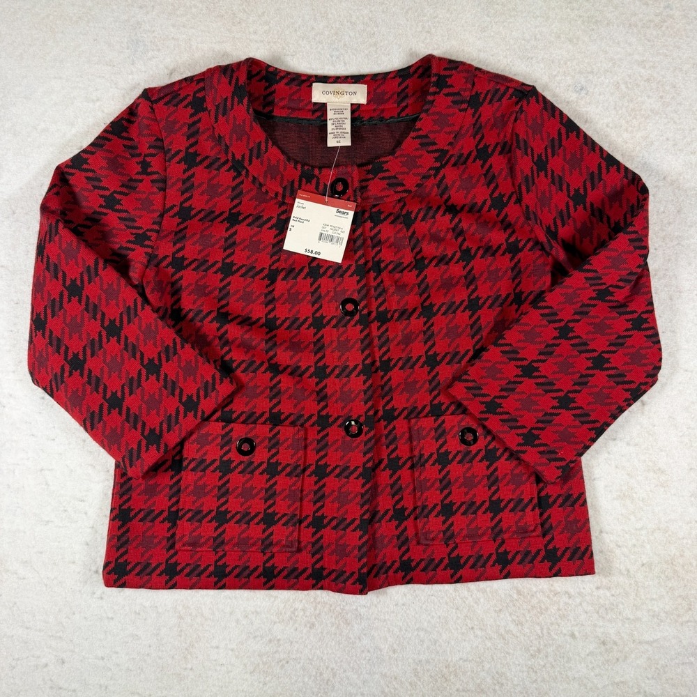 Covington NWT Women's‎ Small Bold Red Plaid Cropped Jacket Collarless Blazer